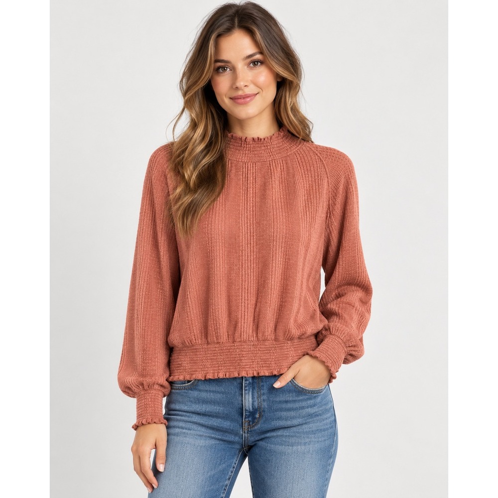 Free People Boulevard Ruffle Top Womens Medium Coral Smocked Waffle Knit Blouse
